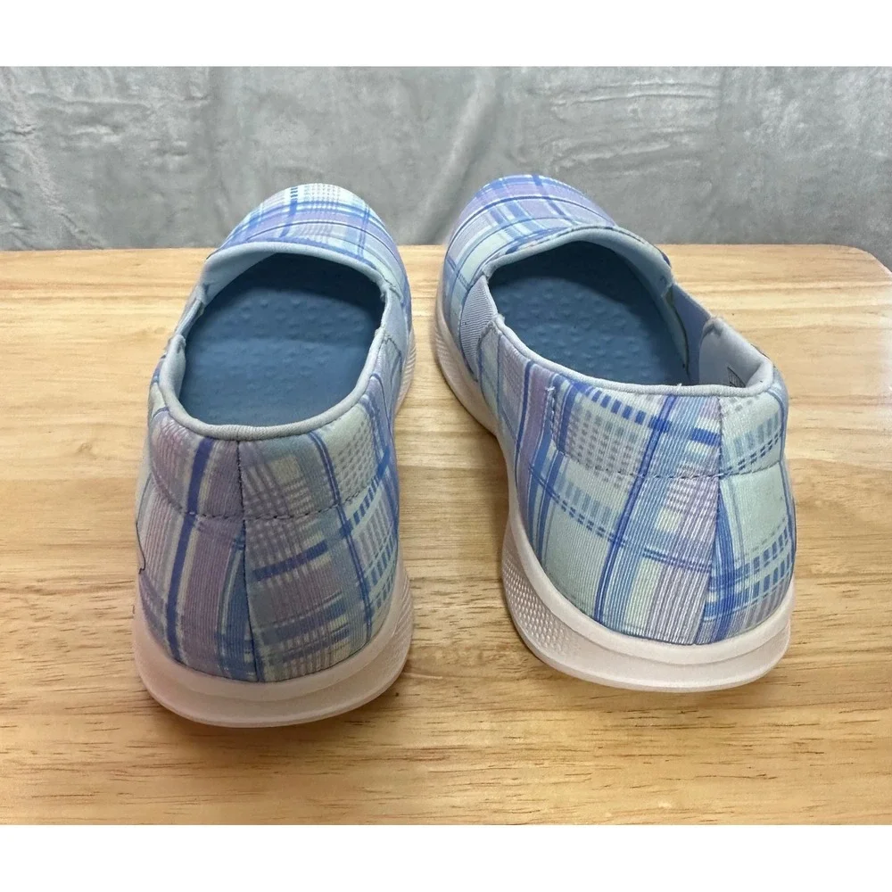 Skechers Womens Go Step Lite Vegan Plaid Slip On Sneakers 7 Washable Blue/Purple